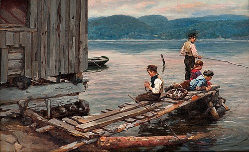 Brygge med fiskergutter, 1901, Jahn Ekenaes