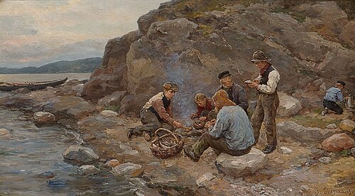 Fiskere ved strand, 1909, Jahn Ekenaes