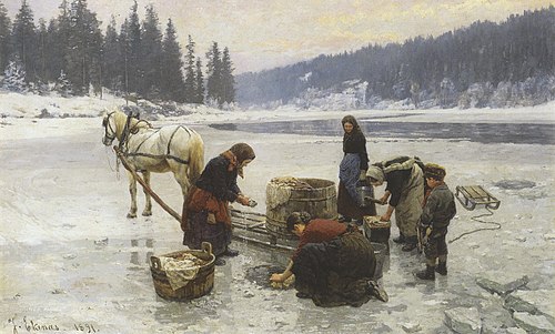 Women doing laundry through a hole in the ice., 1891, Jahn Ekenaes
