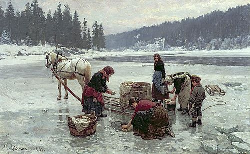 Women doing laundry through a hole in the ice., 1891, Jahn Ekenaes