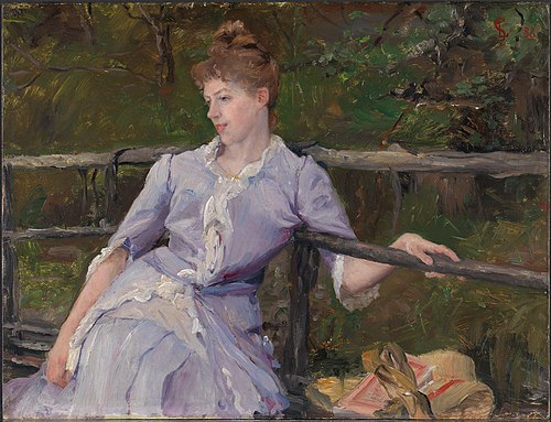 Ung dame i violett kjole på en havebenk, 1888, Leis Schjelderup