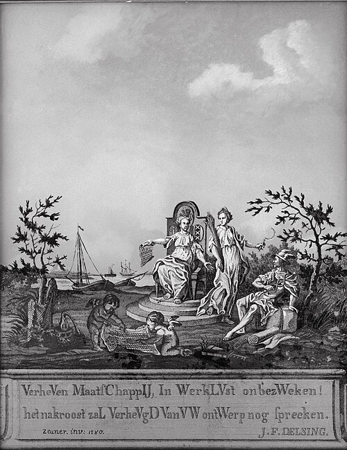 Allegorische voorstelling op de maatschappij Felix Meritis, 1780, Jonas Zeuner
