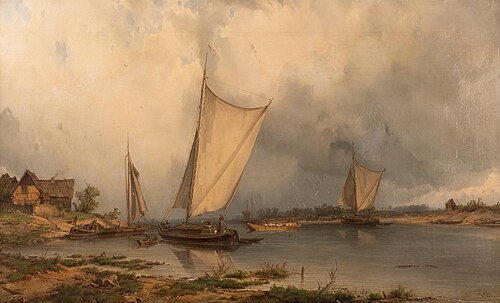 Barges by the banks of river Elbe, 1871, Carl Julius Leypold