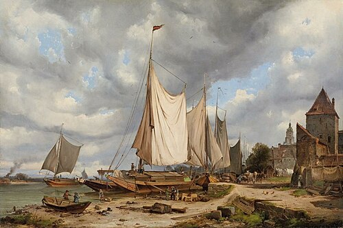 Harbor view with barges, 1858, Carl Julius Leypold