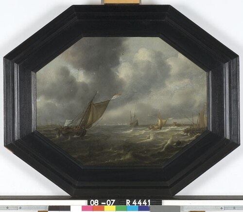 Zeilboten op een woelige zee voor de kust, 1664, Justus de Verwer