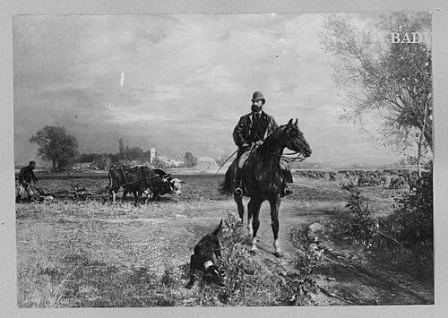 Landscape, gentleman on horse + working peasant + sheep, 1878, Paul Friedrich Meyerheim