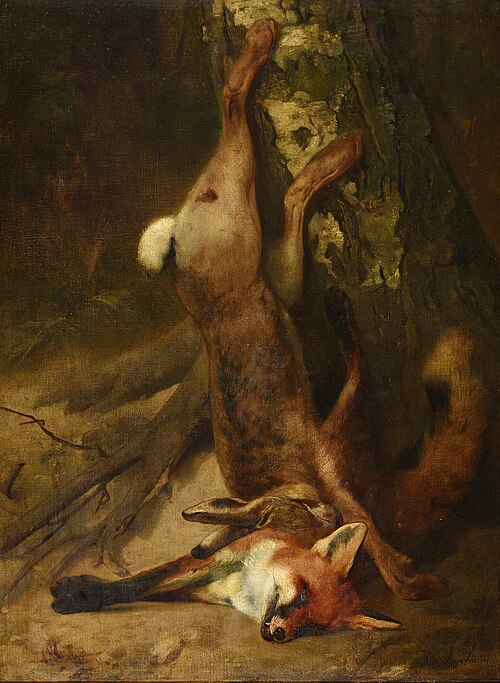 Fox and hare as prey, 1866, Paul Friedrich Meyerheim