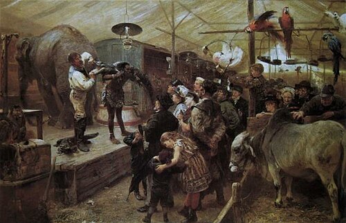 Performance of a travelling menagerie, 1891, Paul Friedrich Meyerheim
