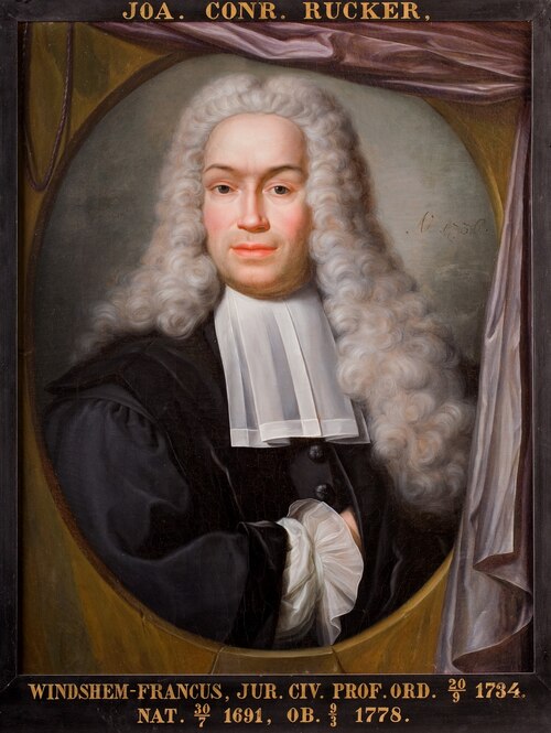 Portret van Johannes Conradus Rücker, hoogleraar Rechtsgeleerdheid te Leiden, 1736, Hieronymus van der Mij