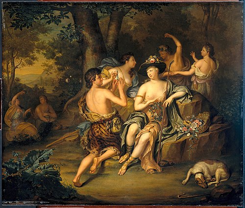 Herders en herderinnen in een landschap, , Hieronymus van der Mij