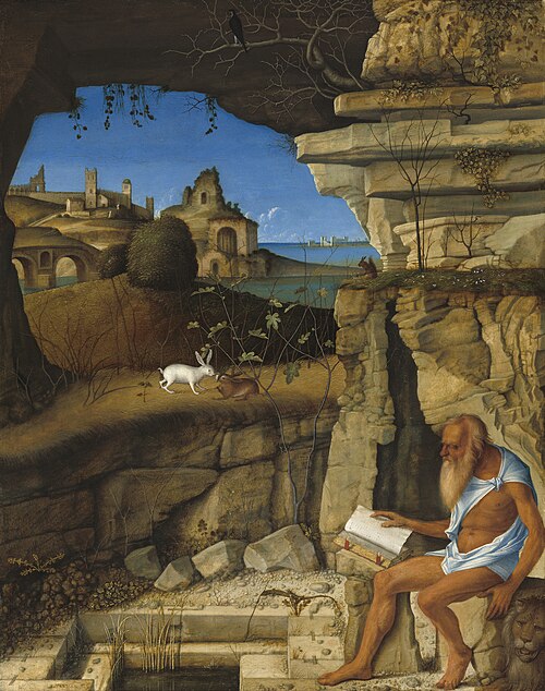 St Jerome Reading in the Countryside, 1505, Giovanni Bellini