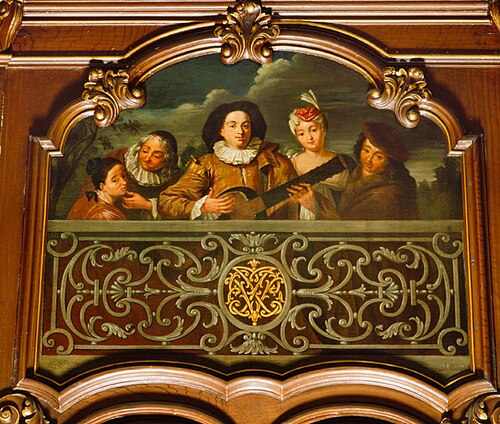 Elegant company with guitar player behind a balustrade, 1730, Frans Breydel
