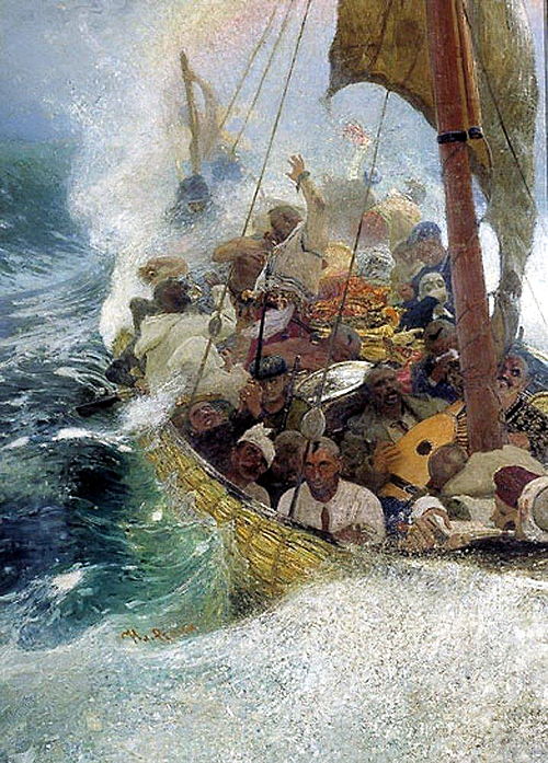 Cossacks on the Black Sea. Zaporozhian Cossacks in a "chaika" boat during a storm, , Ilya Repin