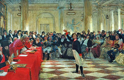 Alexander Sergeyevich Pushkin recites his poem before Gavrila Derzhavin during the Tsarskoye Selo Ly, 1911, Ilia Répine