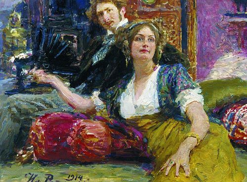 Portrait of poet, prose writer, translator and dramatist Sergei Mitrofanovich Gorodetsky with his wi, 1914, Ilia Répine