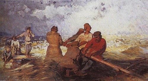 On a raft in storm on Volga, 1870, Ilya Repin
