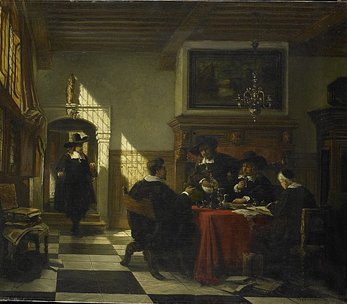 Gezelschap in 17e-eeuwse dracht bij een tafel waarop een Nautilusbeker, 1873, Johannes Stroebel