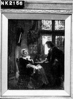 Een zeventiende eeuws interieur met een man die een vrouw het hof maakt, 1855, Johannes Stroebel