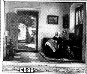 Een zeventiende eeuws interieur met een vrouw en een kind, 1877, Johannes Stroebel