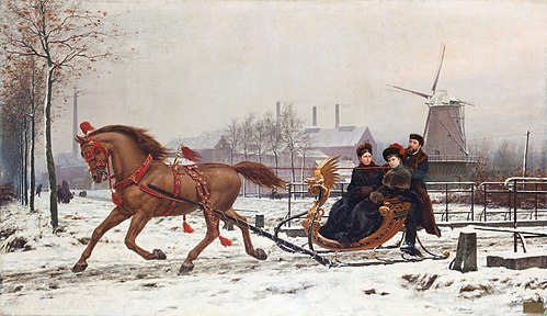 Aristocratic family enjoying winter landscape, 1885, Karel Ooms