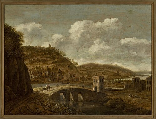 Mountain landscape with a bridge, , Dionys Verburg