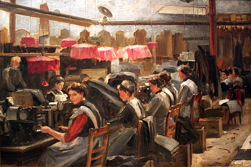 Interior of a sewing mill with seamstresses at work, 1927, Karl Armbrust