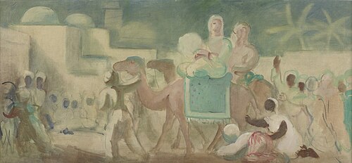 Menschen vor Stadt und zwei berittene Kamele, 1911, Karl Walser