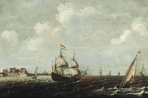 Dutch threemaster and other shipping in a choppy waters, 1636, Claes Claesz. Wou