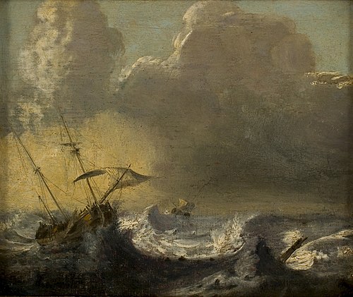 Schepen op zee bij storm, 1638, Claes Claesz. Wou
