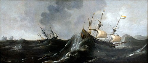 Trois vaisseaux sur une mer démontée, 1600, Claes Claesz. Wou
