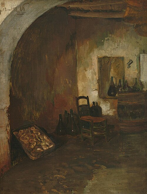 Blick in einen Gewölbekeller mit zahlreichen Karaffen und Gemüse, 1878, Ernst Carl Friedrich te Peerdt