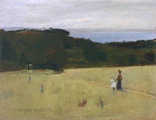 Mount’s Bay and Tolcarne from Trewidden Farm Footpath with Alethea and her Mother, 1898, Norman Garstin