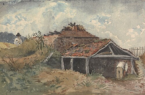 Landscape with two figures beside an old building, , David Charles Read