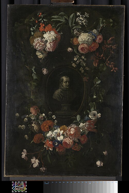 Wreath of flowers encircling a portrait of Hieronymus van Weert, martyr of Gorkum, 1676, Gualterus Gysaerts