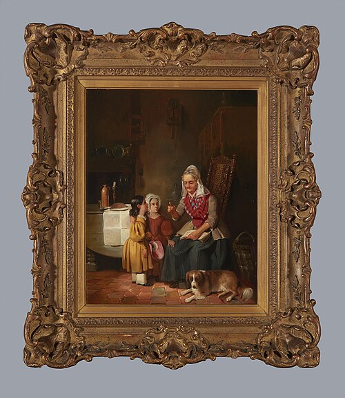 Interieur met zittende vrouw en twee meisjes, 1840–1849, 1844, Willem Hendrik Schmidt