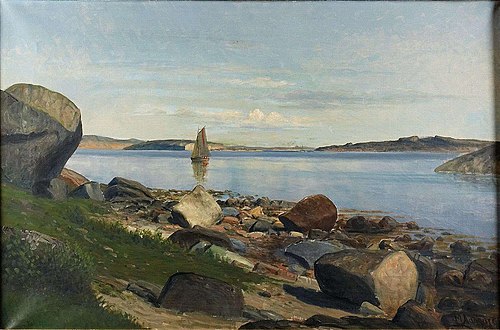 Scène côtière avec bateau à voile, , Martin Aagaard