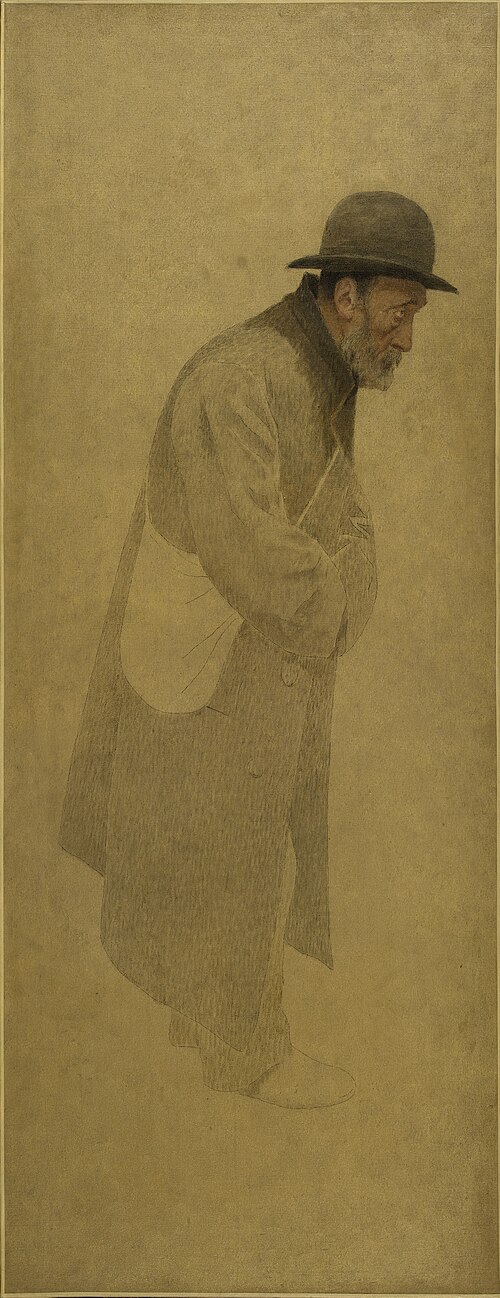 La Bouchée de pain : vieil homme coiffé d'un chapeau melon, une besace en bandoulière, 1904, Fernand Pelez