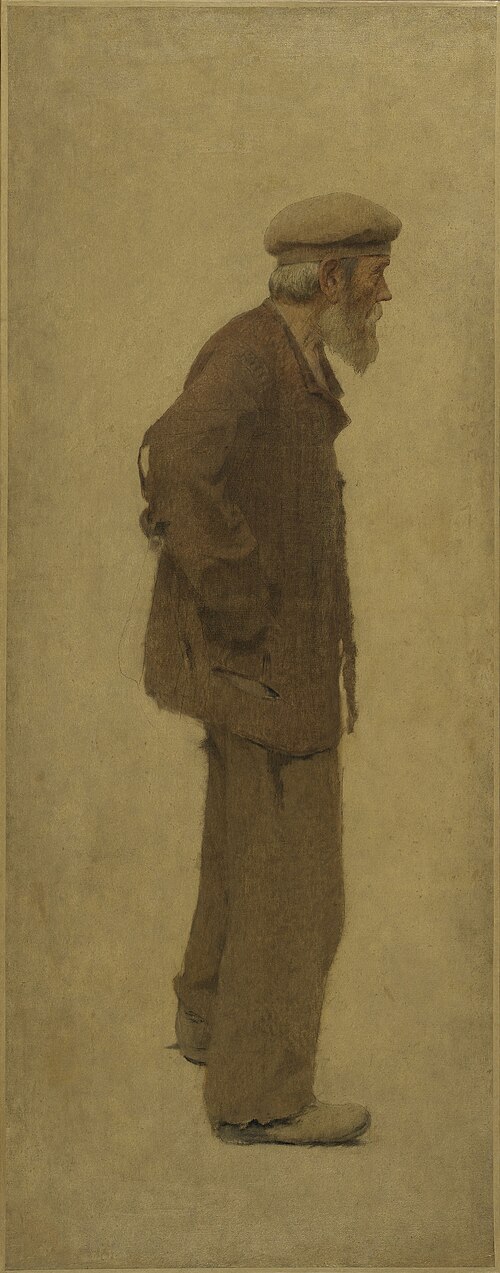 La Bouchée de pain : vieil homme de profil, coiffé d'un béret, mains dans les poches, 1904, Fernand Pelez