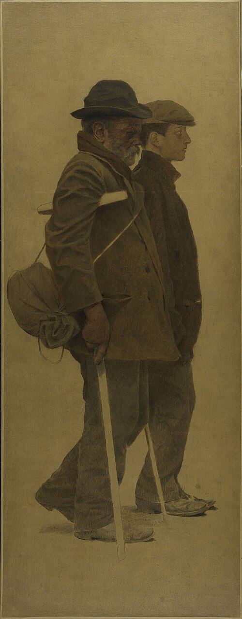 La Bouchée de pain : un vieil homme à béquilles et un jeune homme côte à côte, 1904, Fernand Pelez