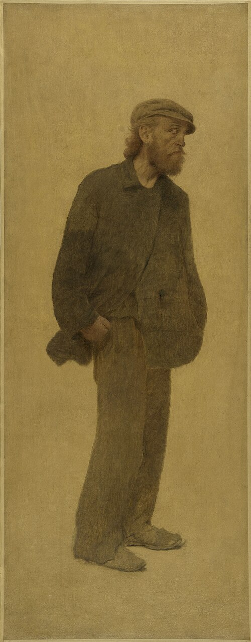 La Bouchée de pain : homme de trois-quarts coiffé d'une casquette, mains dans les poches, 1904, Fernand Pelez