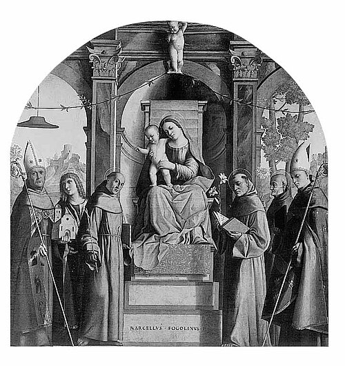 Enthroned virgin Mary with blessing child an saints, 1517, Marcello Fogolino