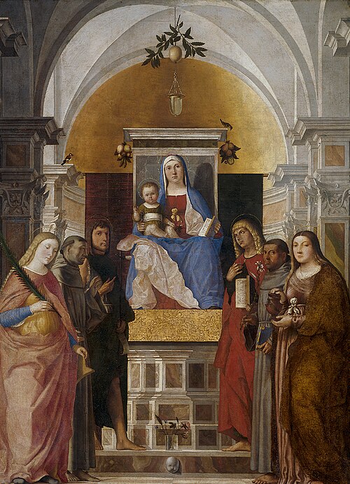 Virgin and Child with Saints Catherine, Francis, John the Baptist, Mary Magdalene, Antony of Padua, , 1515, Marcello Fogolino