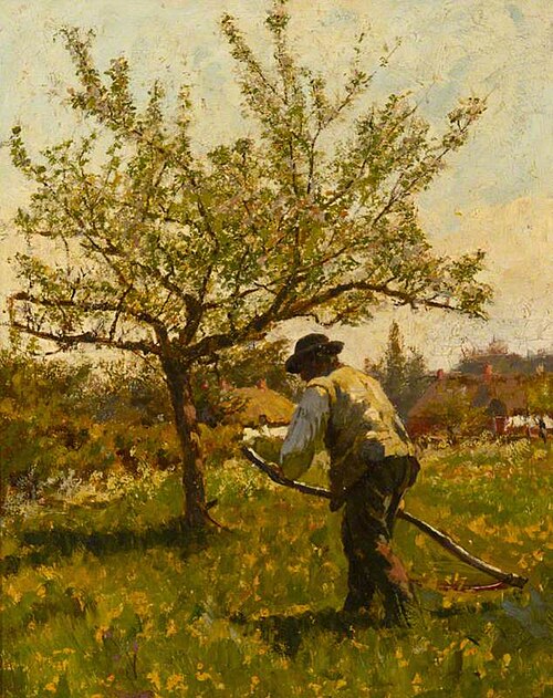 A Man scything in an Orchard, 1888, James Charles