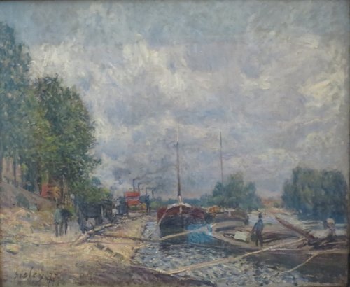 Les Péniches à Billancourt, 1877, Alfred Sisley