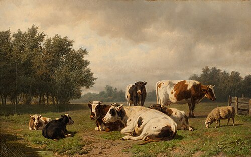 Koeien en schapen in een weide, 1857, Hendrik Savrij