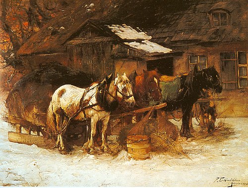 Pferdeschlitten vor der Walke, 1887, Friedrich Eckenfelder