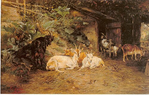 Goats at the stable, 1885, Friedrich Eckenfelder