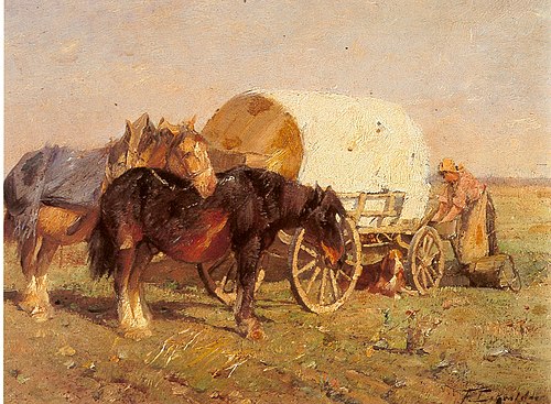 Rastende Pferde mit Planwagen, 1900, Friedrich Eckenfelder