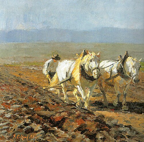 Bauer mit Schimmelgespann beim Pflügen an einem hellen Frühlingstag., , Friedrich Eckenfelder