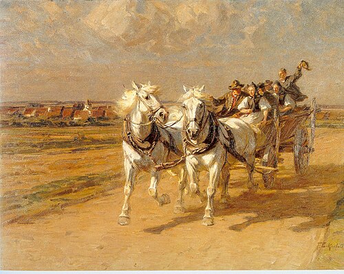 Schimmelgespann mit lustiger Bauerngesellschaft im Wagen, 1920, Friedrich Eckenfelder